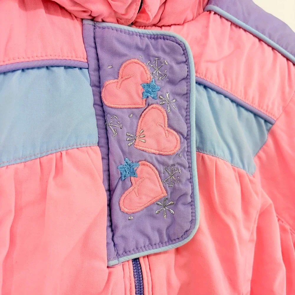 Vintage 80s Weather Tamer Girls Pink Hooded Puffer Jacket Heart Embroidery 12M